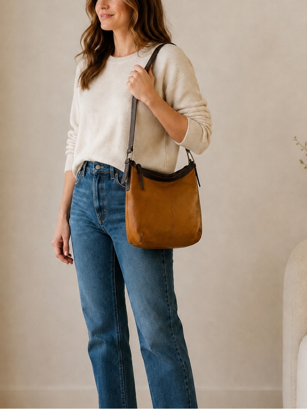 Tignanello Genuine Leather Tan Brown Shoulder Bag Hobo Made in India